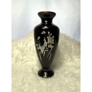 Vtg Korea Black Enamel over Brass Mother of Pearl Inlay Peacock Floral Vase 8”